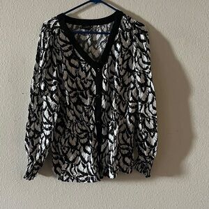 Talbots Black and White Leaf Print Blouse